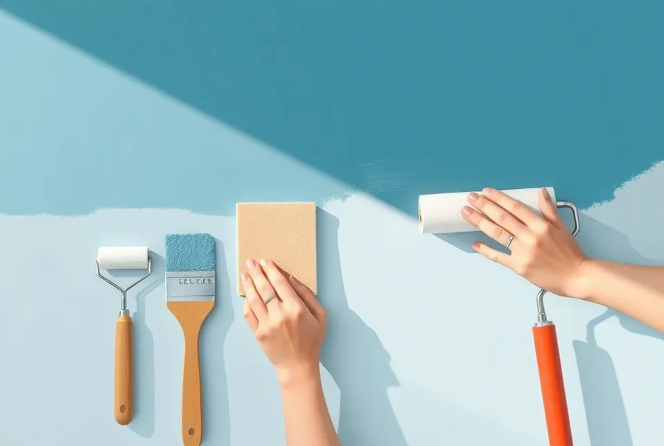 Outils de peinture disposés dans l'ordre des étapes du chantier