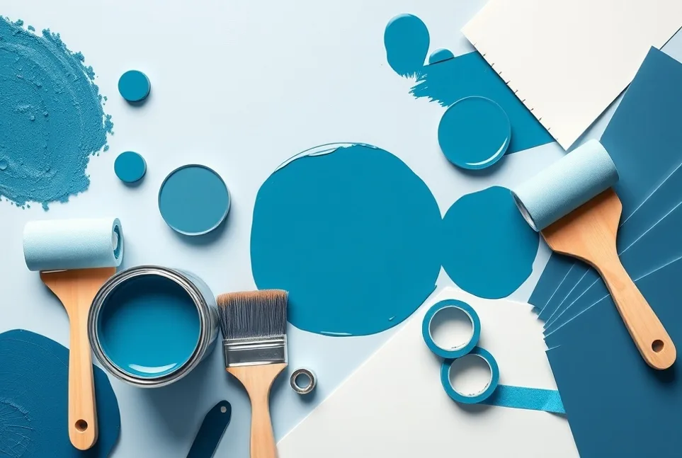 Pots de peinture, nuancier, brosses et rouleaux disposés à plat