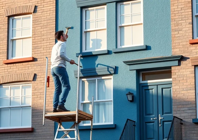 Peintre sur échafaudage traitant la façade d'une maison