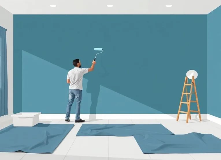 Peintre appliquant la peinture au rouleau sur un mur de salon